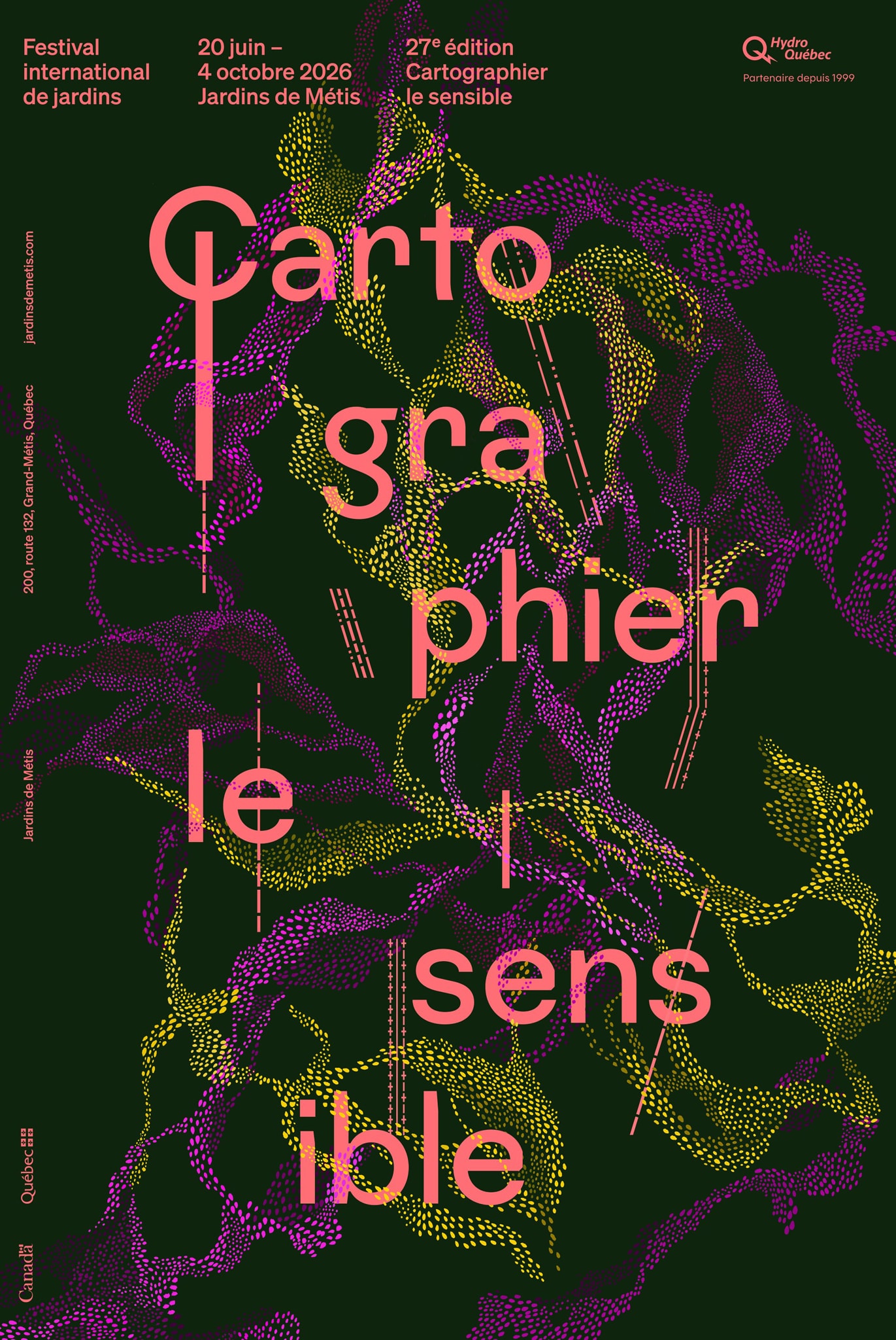 Affiche de la 27e édition du Festival international de jardins 2026, conçue par le studio bureau60a sous le thème « Cartographier le sensible ».