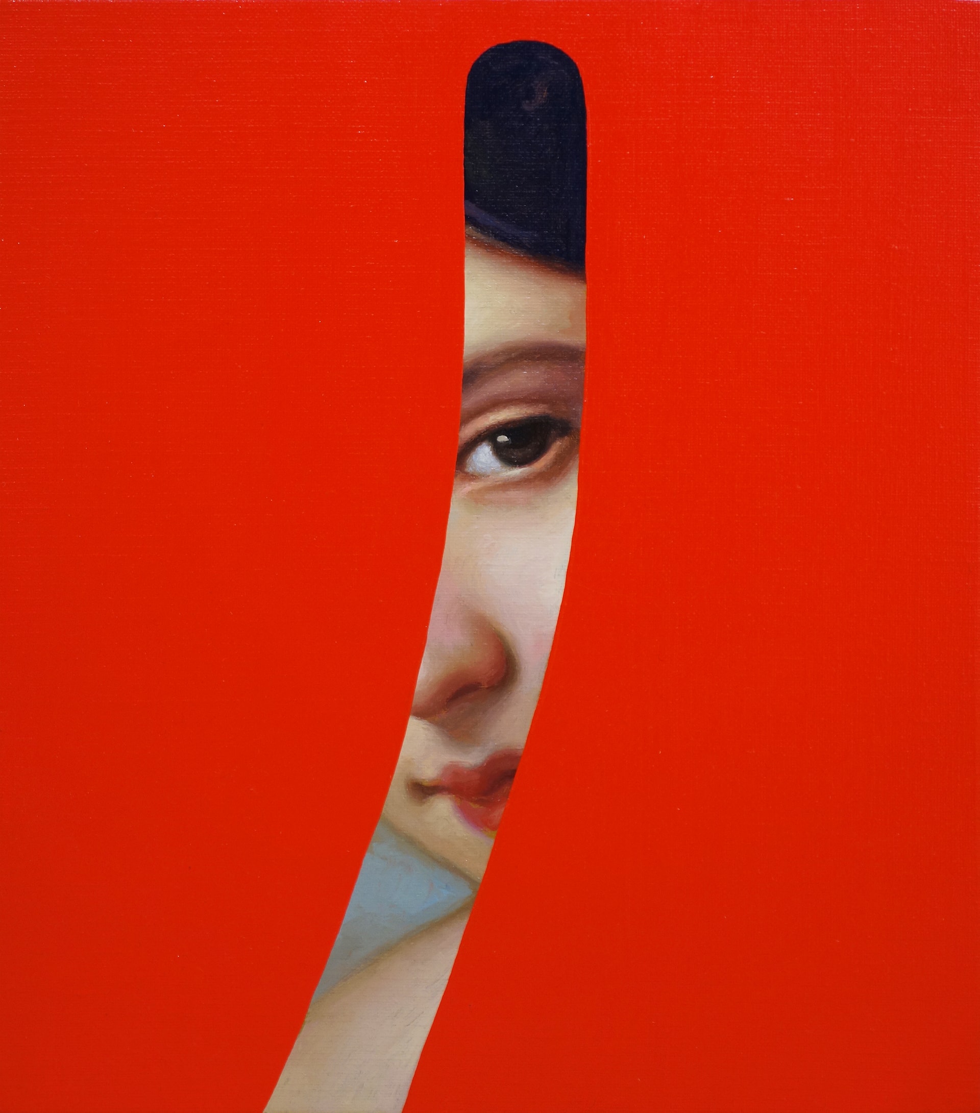 Œuvre de Lino Lago issue de la série Fake Abstract montrant un portrait classique partiellement masqué par une forme rouge abstraite.