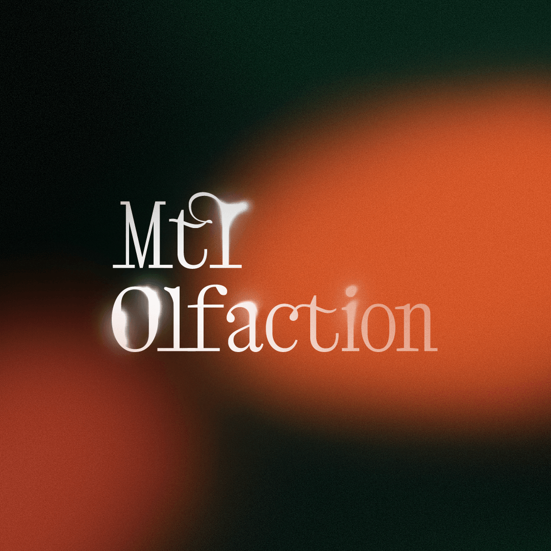 Identité visuelle de Mtl Olfaction 2026 sur un fond abstrait orange et vert