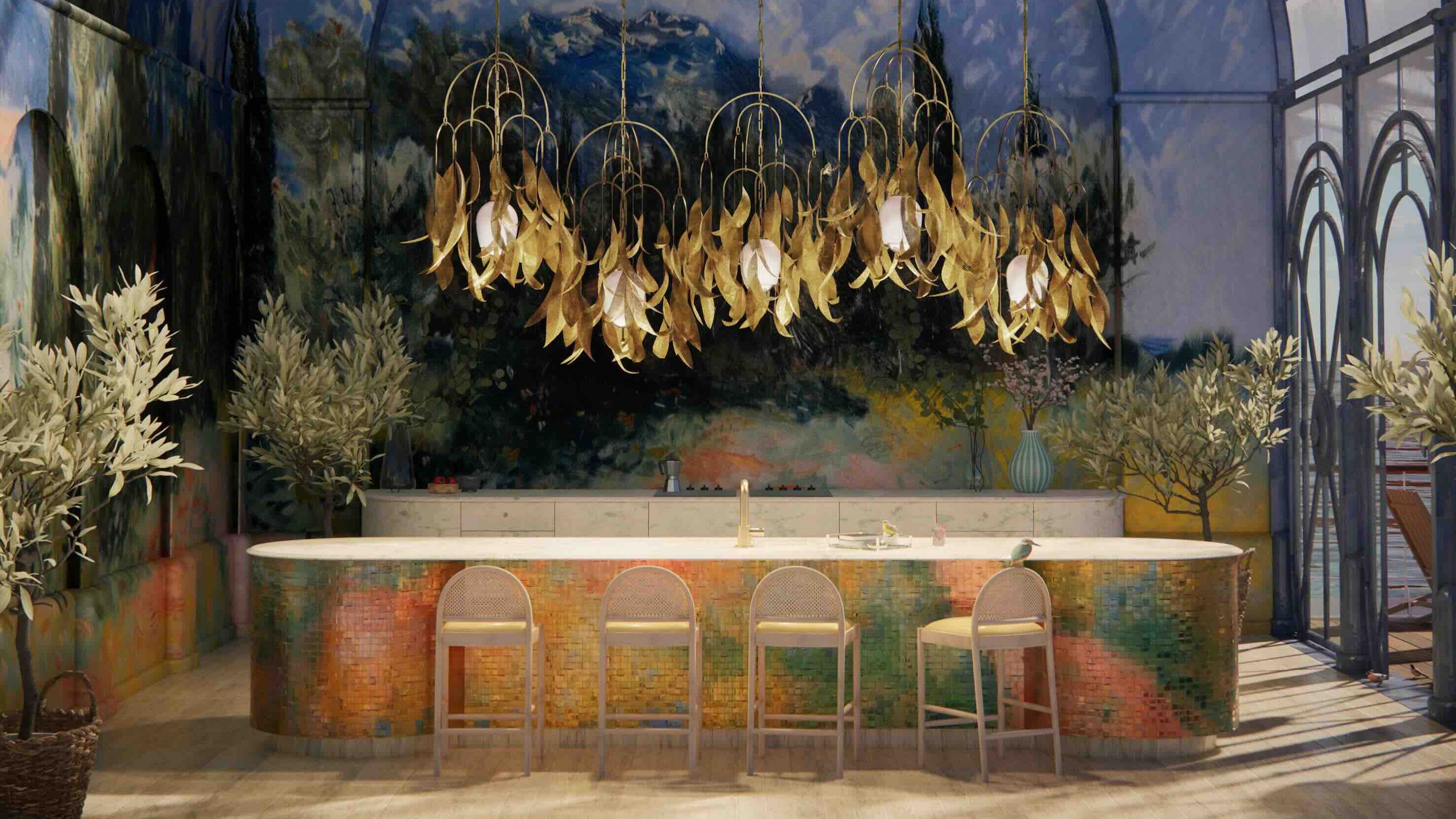 Luminaires de la collection Saule de Larose Guyon intégrés dans un espace intérieur aux accents végétaux